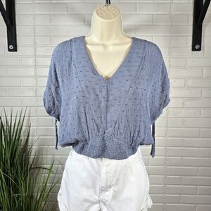 Mustard Seed Blue Swiss Dot Crop V-Neck Top Size Medium Ruched Sleeves